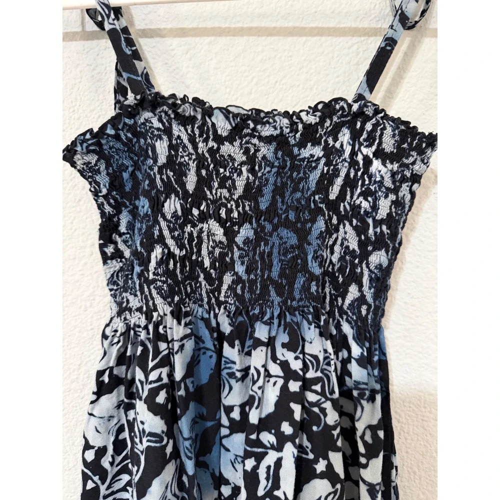 Girls Dress M Blue Black Floral Batik Smocked Tie Shoulder Summer Sun Festival